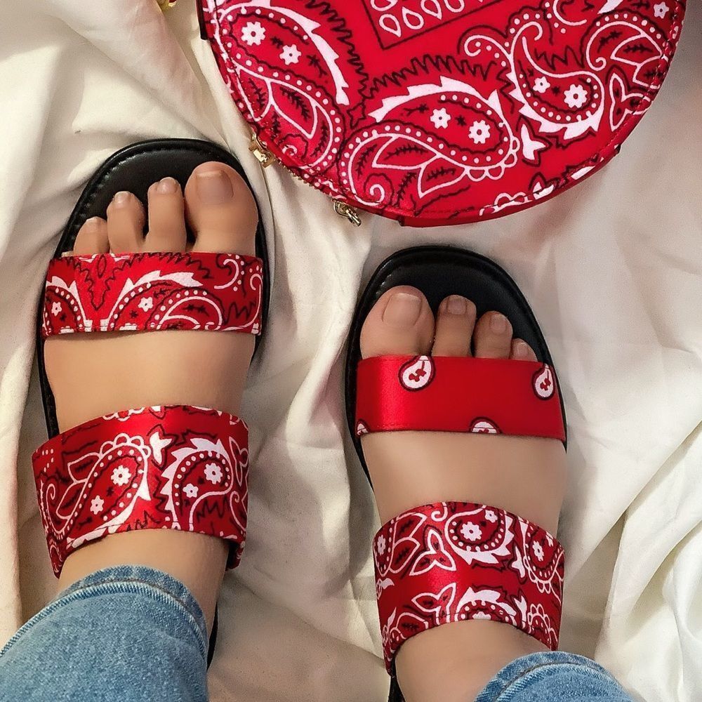 Red Bandana Double Strap Slides Sandals